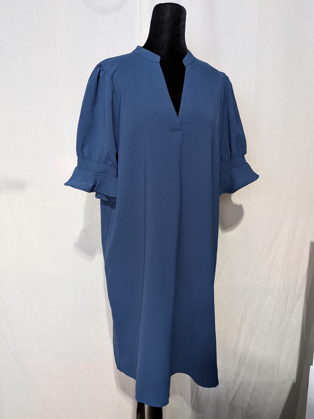 Timeless Blue Shift Dress with Ruffle Sleeves